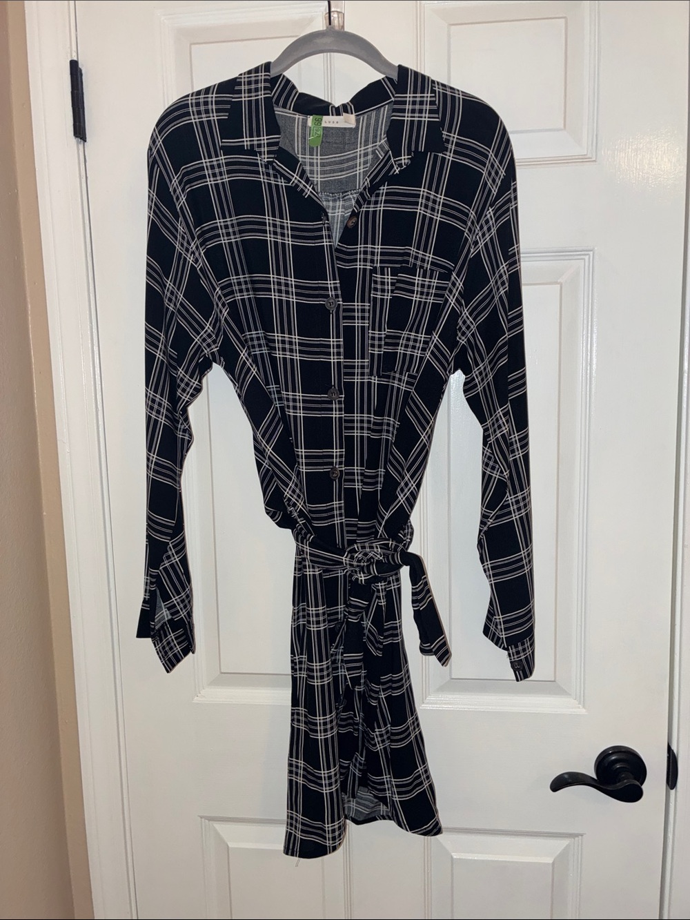 Lush Black and White Plaid Long-Sleeve Shirt Dress with Waist Tie